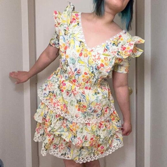 LAIT Knee Length Summer Dress Ruffles Knee Tier Layered Cottagecore Whimsycore L - Picture 3 of 9